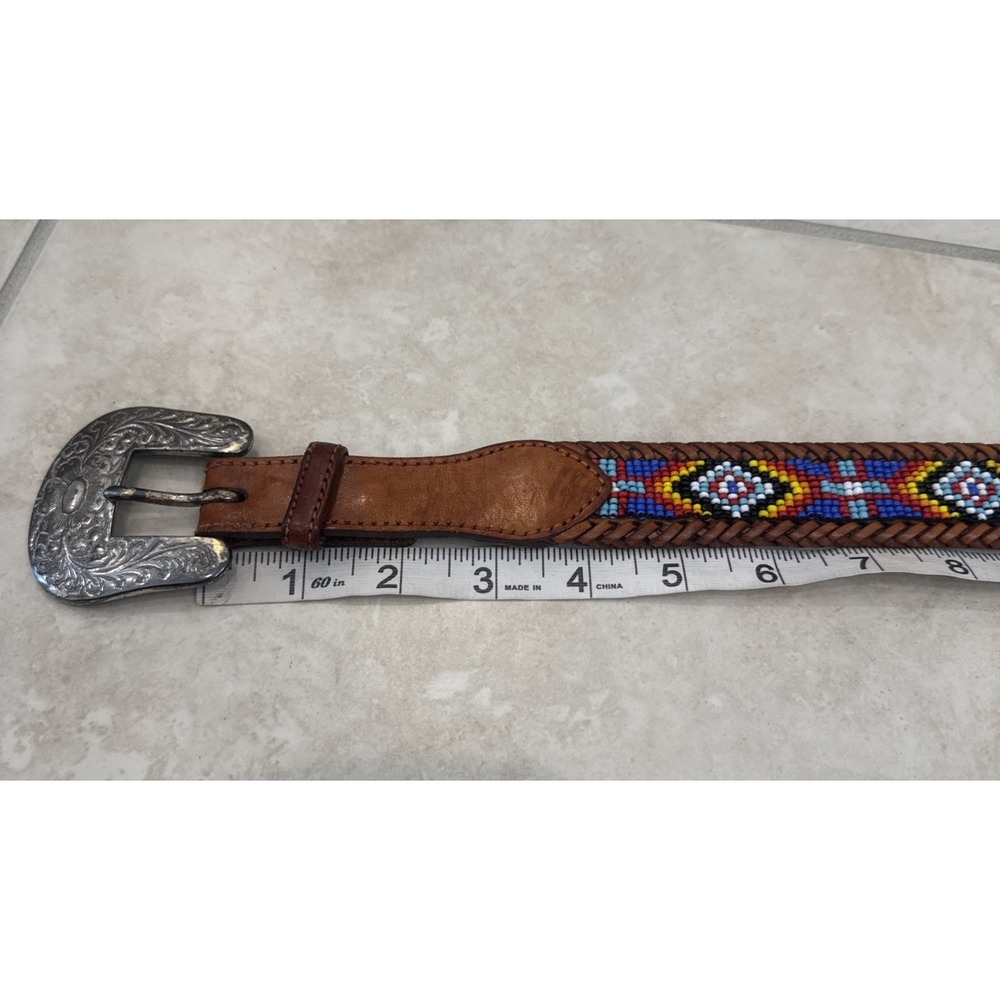 Vtg Southwestern Western Brown Leather Beaded Belt Sz 28 Native American Folk - Picture 6 of 11